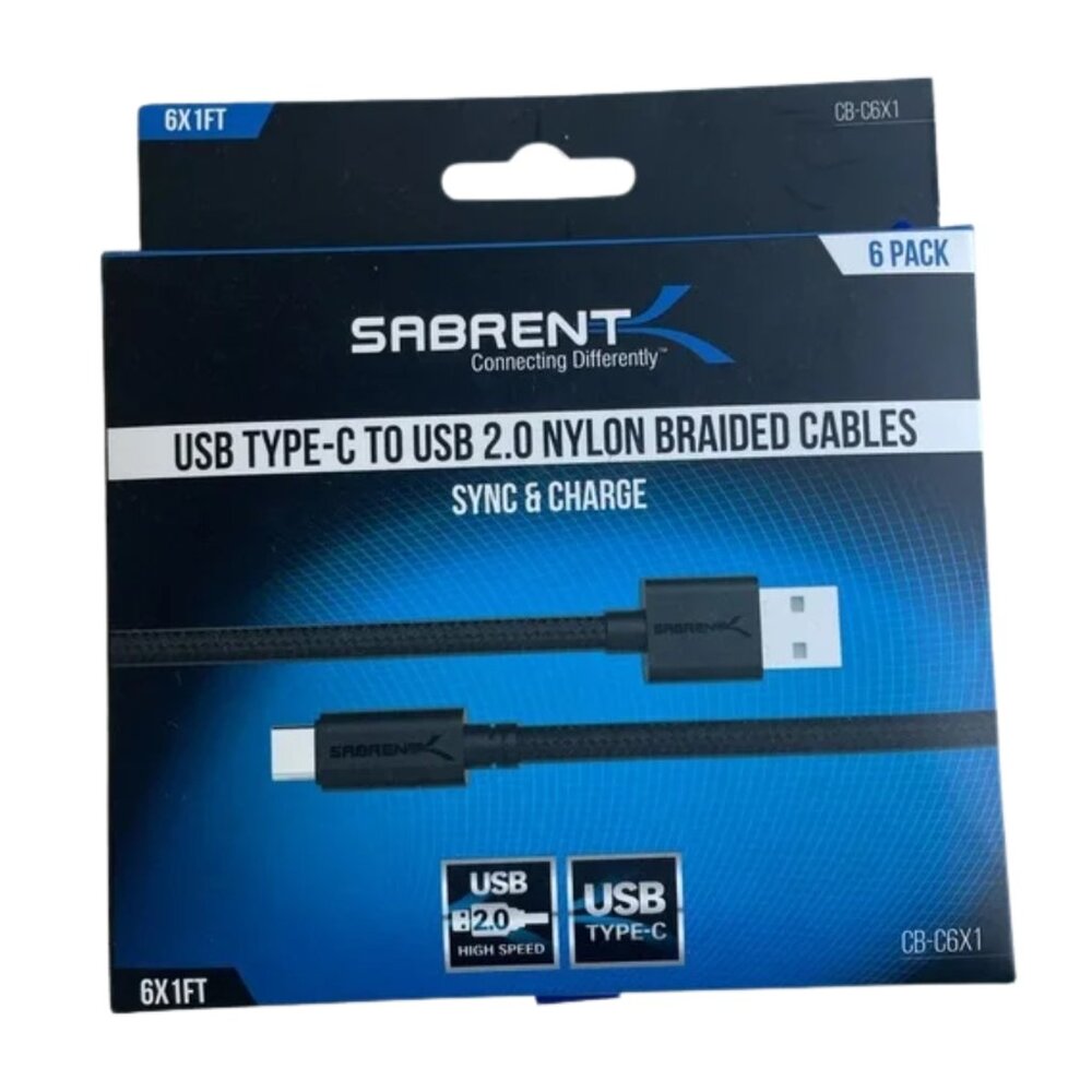 Sabrent 6-Pack Premium 1ft USB-C to USB A 2.0 Cables